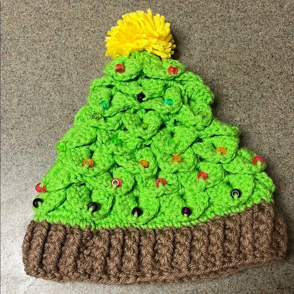 Green Crochet Beanie‎ with Yellow Pom-Pom handmade